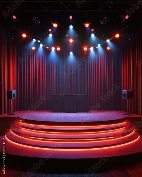 Fototapeta An empty stage lit by red lights with a red curtain in the background