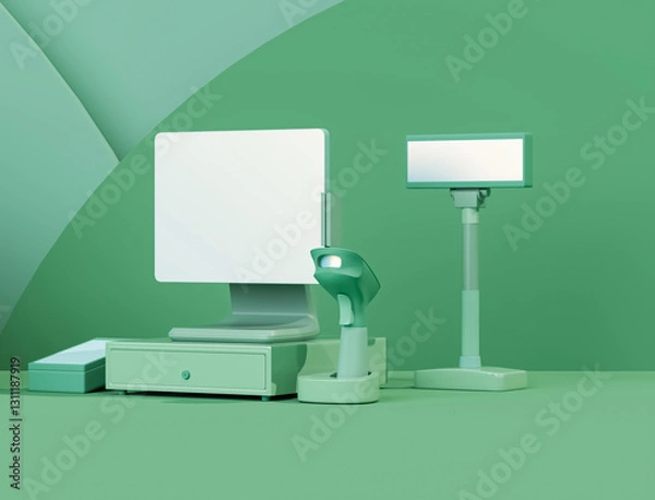 Obraz payment machine,pos terminal, electronic bill payment with barcode, mobile phone, smartphone, qr code scanning isolated on pastel blue green background. cashless payment concept, 3d render