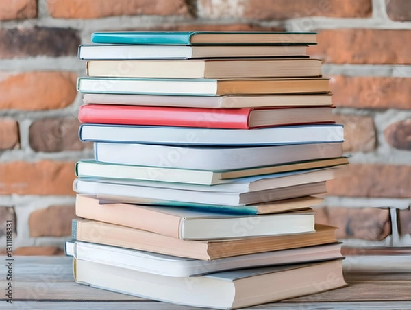 Fototapeta Colorful Stack Of Books On Wooden Table Against Brick Wall Background