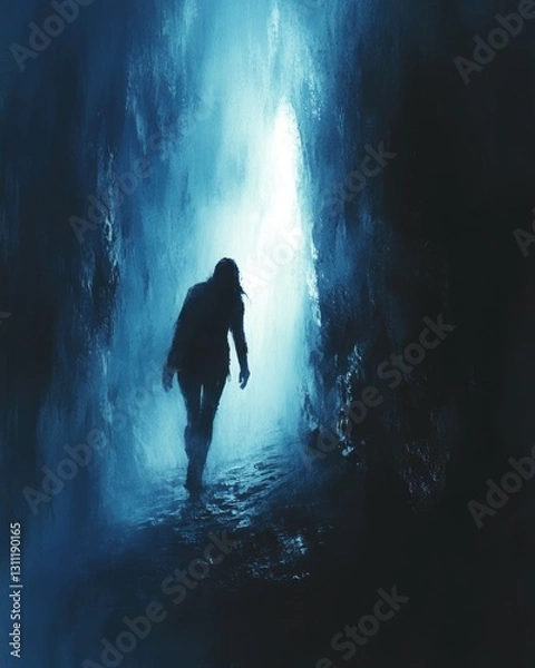 Fototapeta A person in a wetsuit explores a dark and mysterious cave