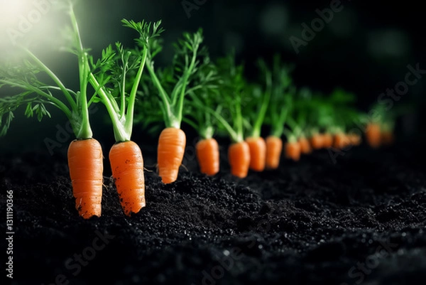 Fototapeta Neatly aligned carrot sprouts push through dark fertile soil, bathed in gentle morning sunlight that highlights their vibrant green tops, embodying nature's resilience