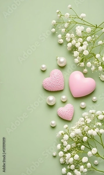 Obraz Soft green backdrop with pink hearts, pearls and baby's breath. Ideal for wallpapers, wedding content, greeting cards. 