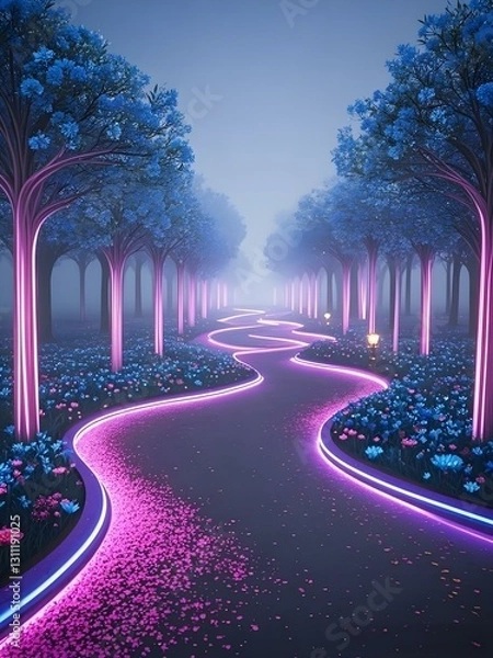 Obraz This image showcases a futuristic, dreamy pathway flanked by blue trees with pink neon - lit trunks. The road is lined with colorful flowers and scattered with pink petals.