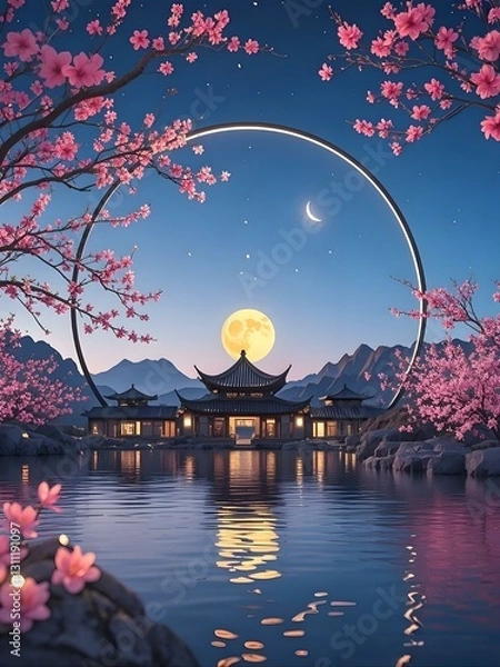 Obraz This picture depicts a mesmerizing scene of a traditional pavilion by the water, framed by a circular arch with blooming pink cherry blossoms. Above, a full moon and crescent adorn the night sky.