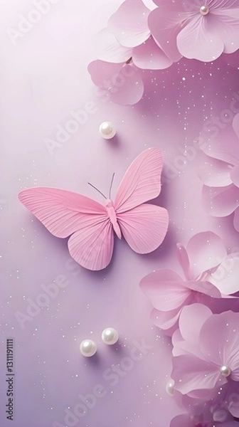 Obraz This image presents a delicate pink butterfly amidst soft, petal - strewn lavender tones, accented with pearls.