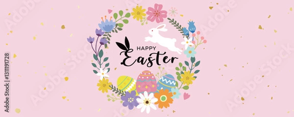 Obraz Floral Happy Easter Oval Frame With Bunny and Eggs. Banner, poster, greeting card. 