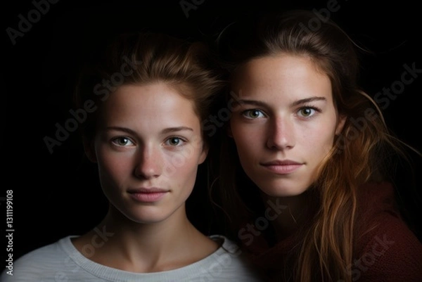 Fototapeta Two women with captivating gazes stand side by side, demonstrating unique expressions and contrasting features