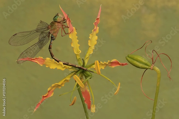 Fototapeta A dragonfly resting on a flame lily (Gloriosa superba). This insect belongs to the libellulidae family.
