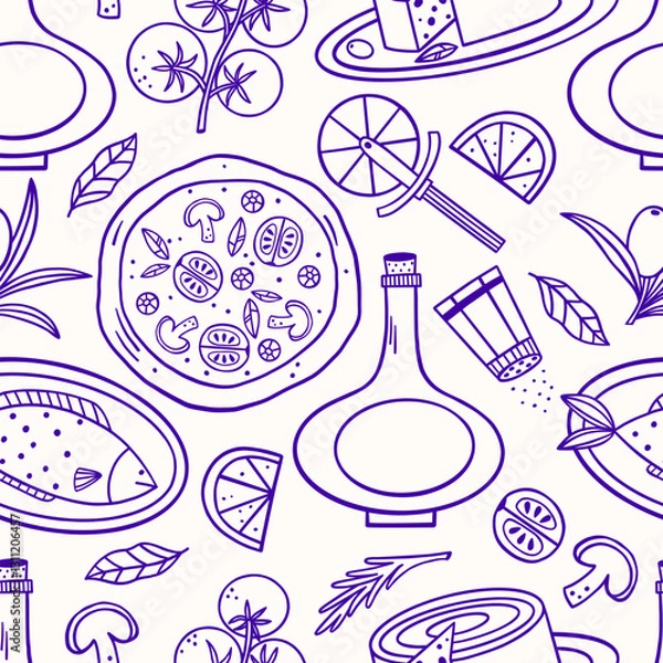 Fototapeta Seamless pattern of Italian cuisine. Hand drawn background for wrapping paper fabric and menu.