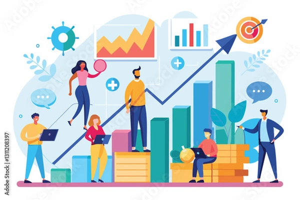 Fototapeta A group of individuals examines growth trends and metrics on a graph, collaborating in a vibrant environment, people growth data graph analysis