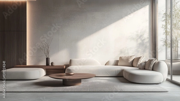 Fototapeta modern living room featuring curved white sofa, wooden coffee table, and minimalist decor, creating serene atmosphere with natural light