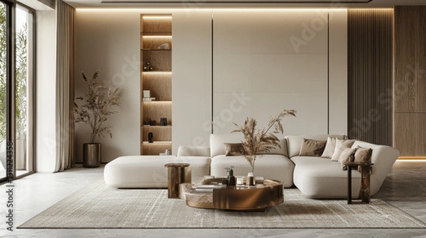 Fototapeta modern living room featuring stylish white sectional sofa, elegant decor, and warm lighting, creating cozy and inviting atmosphere
