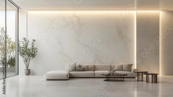 Fototapeta Modern living room with minimalist design, featuring white sectional sofa, elegant coffee tables, and large marble wall. Natural light enhances serene atmosphere