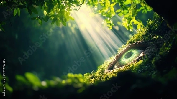 Fototapeta Divine Watch: Glowing Eye in Mountain Exuding Light Beams, Mythical Deity Symbol, Guardian of Ancient Tales