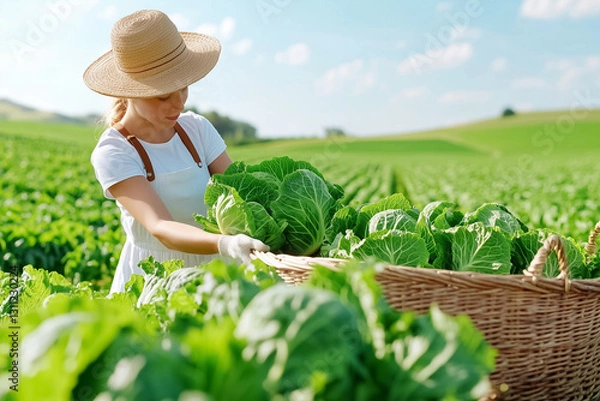 Fototapeta In a sunlit field, a woman in a straw hat harvests vibrant green cabbages, placing them gently into her wicker basket among rows of freshly mowed crops, embracing the beauty of nature