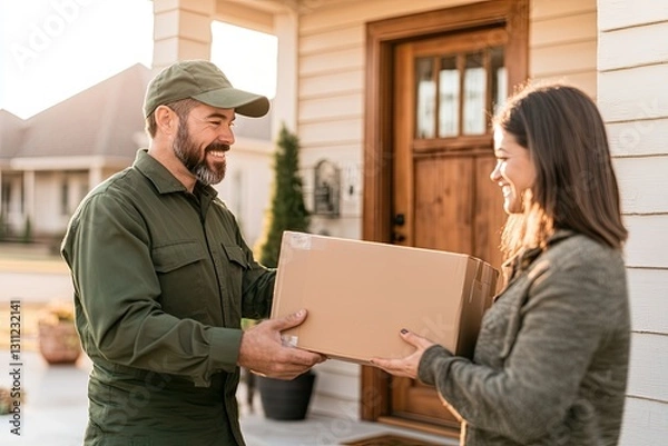 Fototapeta Delivery interaction captures joy of receiving packages at home,