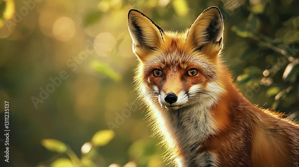 Fototapeta Majestic fox with fiery orange fur in glowing forest setting