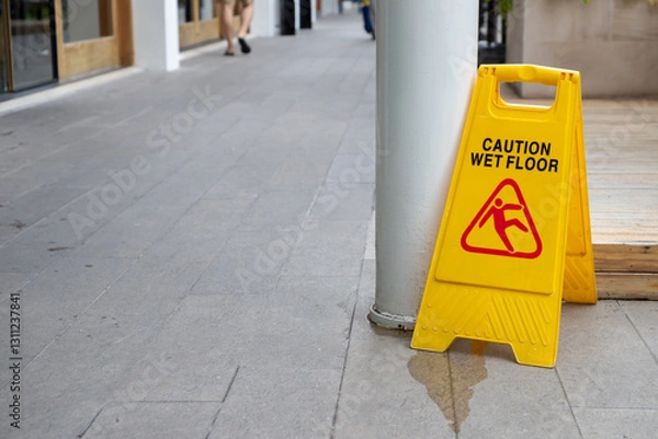 Obraz A yellow caution sign is on the ground in front of a building