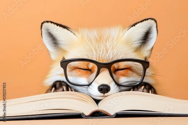 Fototapeta Adorable Fox Asleep On Book Wearing Geek Glasses