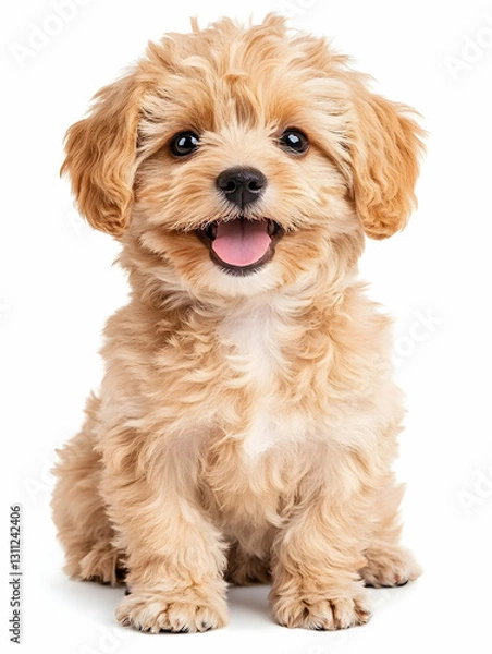 Fototapeta Fluffy puppy sits with mouth open on a blank white background smiling sweetly