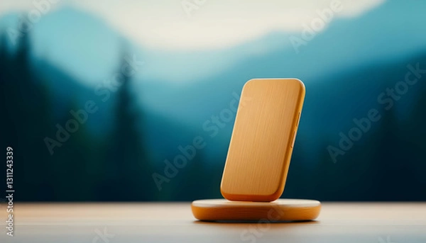 Fototapeta A modern wireless charger elegantly displayed against a scenic mountainous background, showcasing innovation and simplicity.