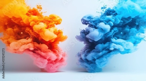 Fototapeta A visually striking image of vibrant orange and blue smoke swirls blending dynamically against a white background, evoking energy and creativity.