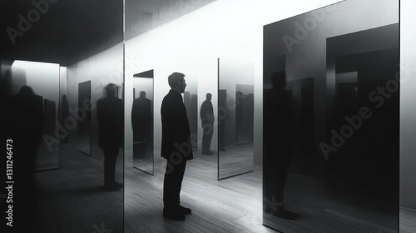 Fototapeta Like-minded people in a room, surrounded by mirrors on the walls reflecting their own thoughts, while outside, different voices seem blurred and distant. 