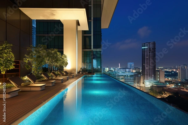 Fototapeta Experience urban luxury with an infinity pool overlooking the sparkling city skyline.