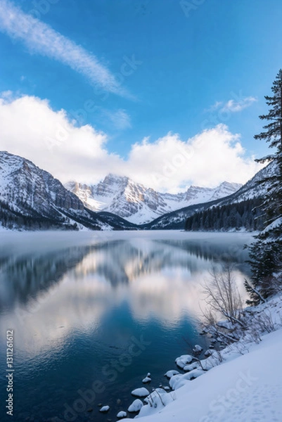 Fototapeta Snowy Mountains Reflect in Tranquil Lake: Pristine Winter Wonderland Scene