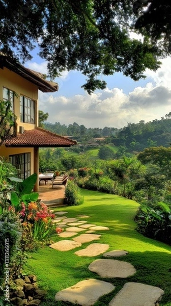 Fototapeta Picturesque view of a house and its beautiful landscaped garden