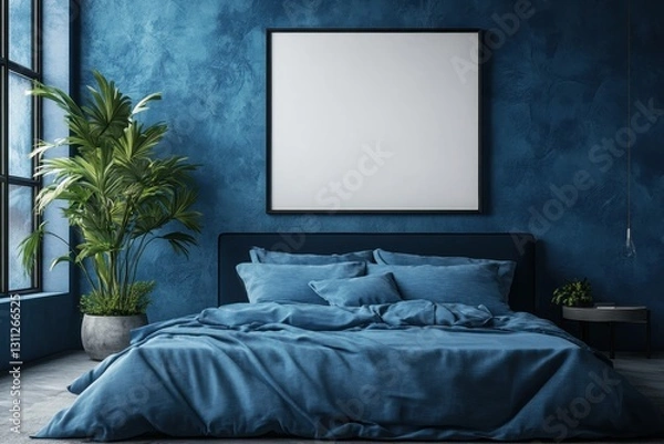 Obraz Blue bedroom with large frame above bed. Perfect for interior design, home decor, and real estate websites.