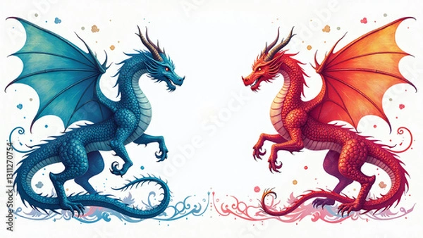 Fototapeta vibrant mythical creatures seen beautiful swirling color pattern elegant white