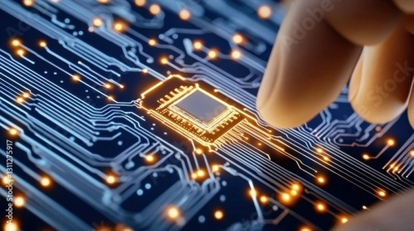 Fototapeta Technology Showcased With Glowing Orange Processors.