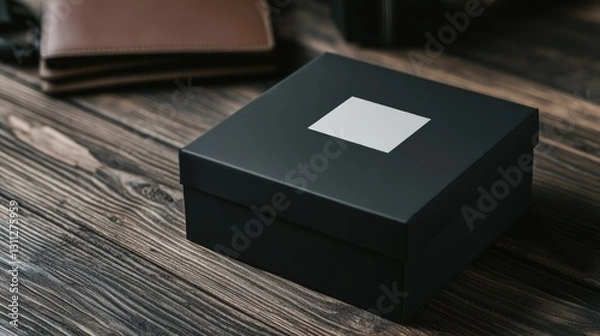 Fototapeta Elegant black box with blank label rests on rustic wooden surfac