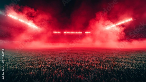 Obraz Red smoke and green grass in football or soccer stadion, background for sport commercials
