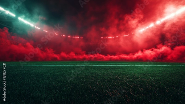 Obraz Red smoke and green grass in football or soccer stadion, background for sport commercials
