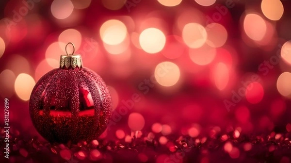 Obraz A single red Christmas ornament rests on festive tinsel