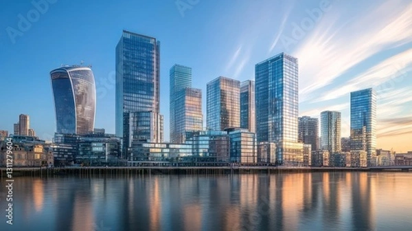 Fototapeta Cityscape, modern architecture reflected in calm water at sunrise.