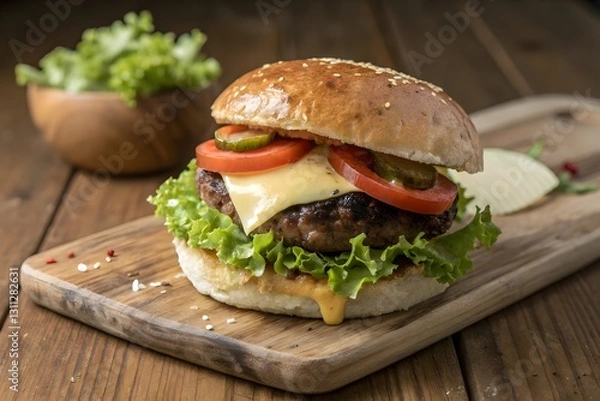 Obraz Sizzling Flavor: Tasty Burger with Crispy French Fries and Flames