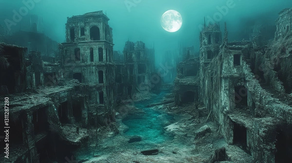 Obraz Ruins of the old castle in the fog. Fantasy illustration background.