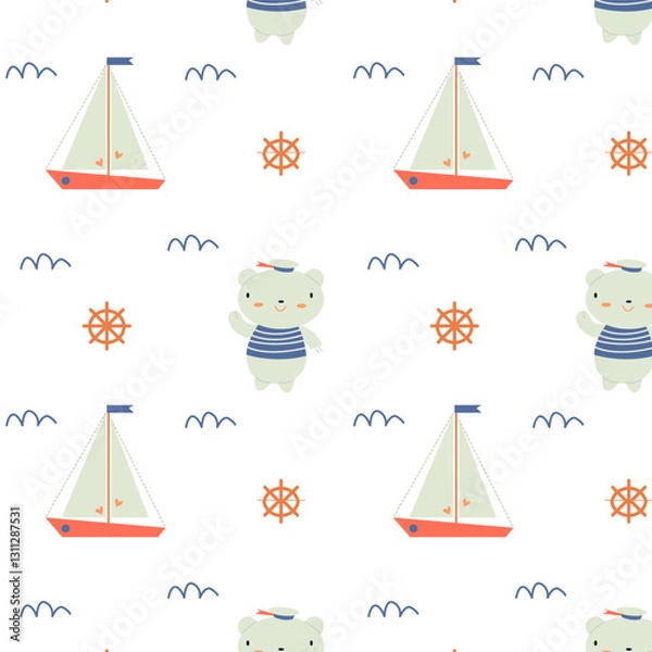 Fototapeta Children's pattern with a cute bear and a ship with waves
