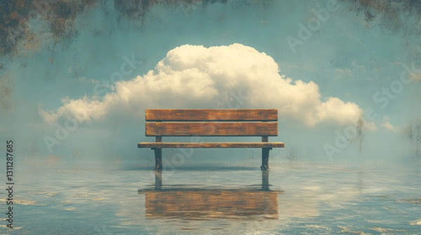 Obraz Wooden bench in the middle of the lake and sky with clouds. Fantasy illustration background.