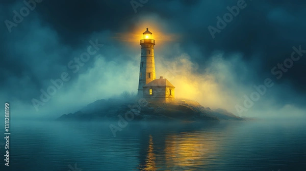 Obraz Lighthouse on the sea at night. Fantasy illustration background.