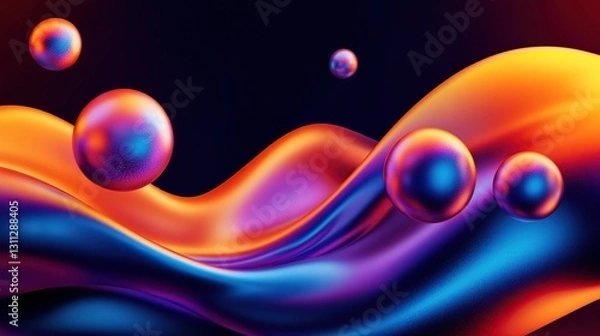 Fototapeta Abstract vibrant spheres floating on colorful fluid waves.  Perfect for backgrounds, websites, and digital art.