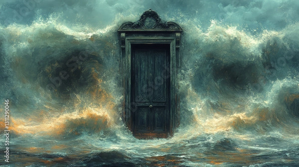 Obraz An old door in the middle of a storm. Fantasy illustration background.