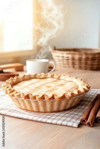 Fototapeta Warm pie emits steam, set on cozy table with rustic elements and