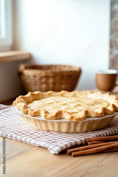 Fototapeta Golden pie sits on checkered cloth, surrounded by rustic kitchen