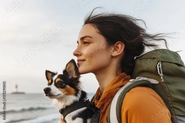 Fototapeta Adventurous spirit enjoying coastal views with loyal dog, serene