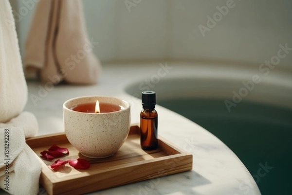 Fototapeta Relaxing atmosphere with aromatic candle and essential oil, invi
