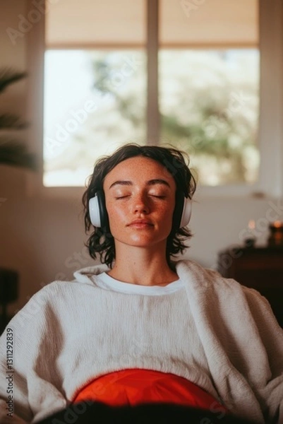 Fototapeta Calm atmosphere with person enjoying music, eyes closed, relaxed